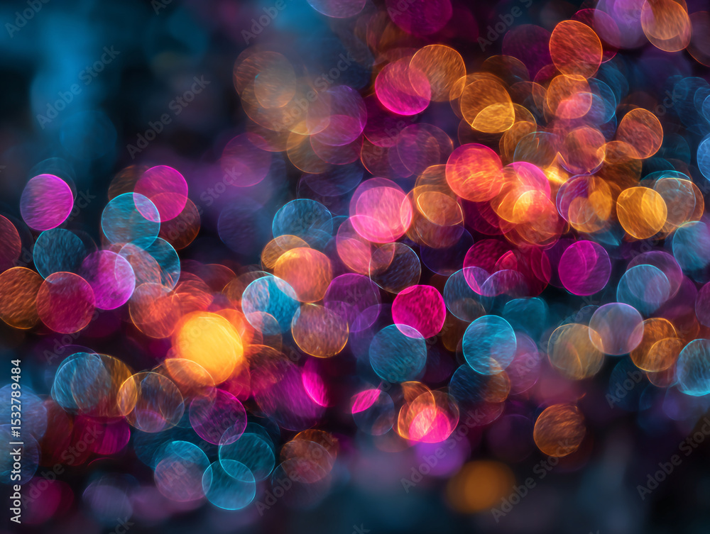 Poster abstract background with blurred multicolored lights creating a bokeh effect in a dark setting