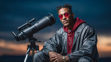 A man sitting on a tripod looking through a telescope
