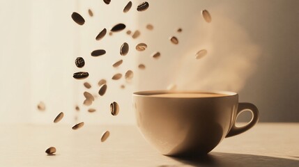 Obraz premium Steaming hot cup of coffee with falling coffee beans on a light brown background