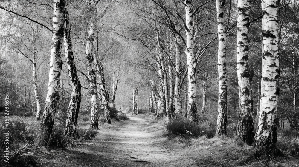 Poster a monochrome path winding through a dense birch forest with tall trees and a serene atmosphere