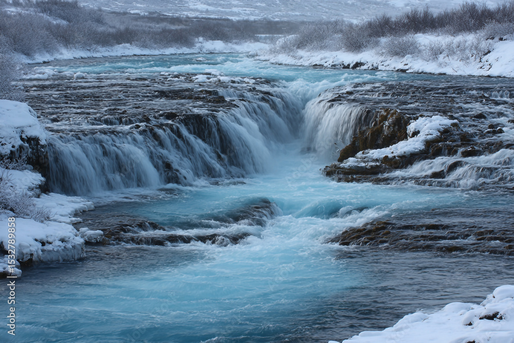 Poster a scenic view of a waterfall cascading over rocks in a snowy winter landscape with trees behind it