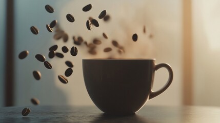 Obraz premium A warm coffee cup with floating coffee beans against a softly blurred background