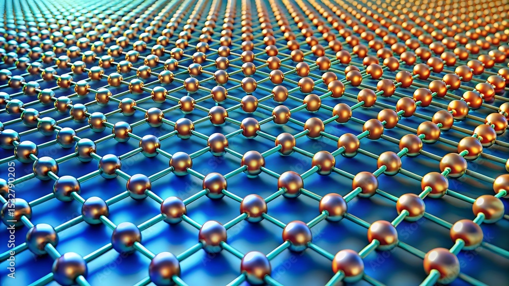 Poster abstract futuristic 3d grid of glowing metallic spheres arranged in a seamless hexagonal pattern ove