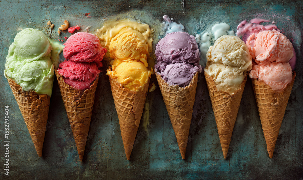 Poster a row of six colorful ice cream cones melting on a textured blue surface in a studio setting