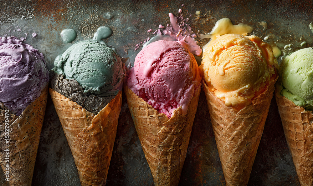 Poster a row of colorful ice cream cones with different flavors on a textured dark surface background
