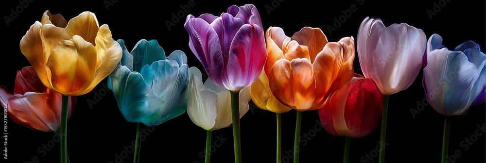 Poster a row of vibrant tulips in full bloom against a stark black background creating a colorful display