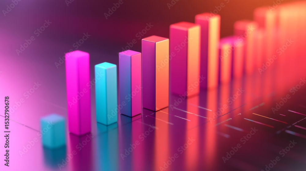 Poster D bar chart with a gradient color scheme, set on a reflective surface, capturing light beautifully, representing analytical data in a visually appealing manner.