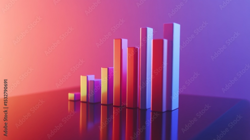 Poster D bar chart with a gradient color scheme, set on a reflective surface, capturing light beautifully, representing analytical data in a visually appealing manner.