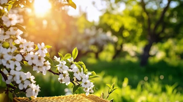 Honeycomb next to blooming white flowers in a sunny green orchard or garden, highlighting spring and natural food themes
