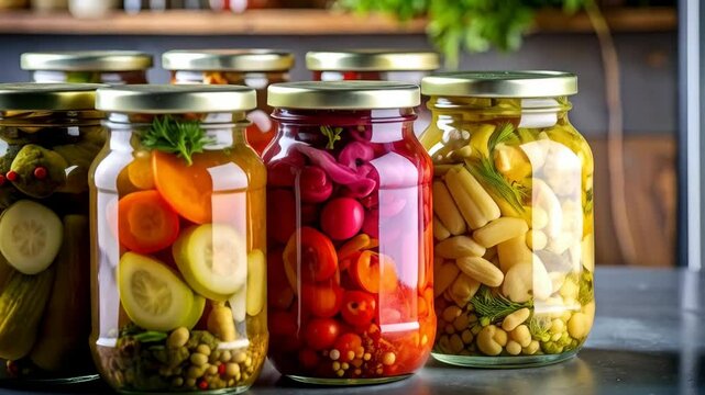 Assorted pickled vegetables, sealed in clear glass jars with golden lids, stand in a row, featuring cucumbers, tomatoes, peppers, and beans, conveying a homemade food theme
