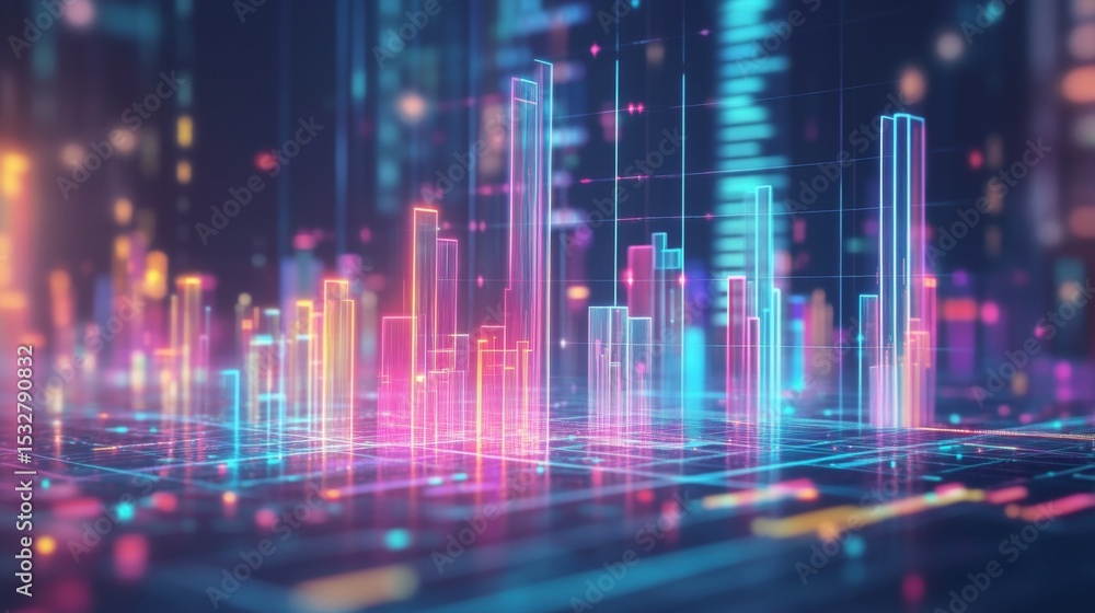 Aufkleber D bar graph with transparent bars on a digital grid, glowing neon lines on the base, creating a high-tech and futuristic data visual
