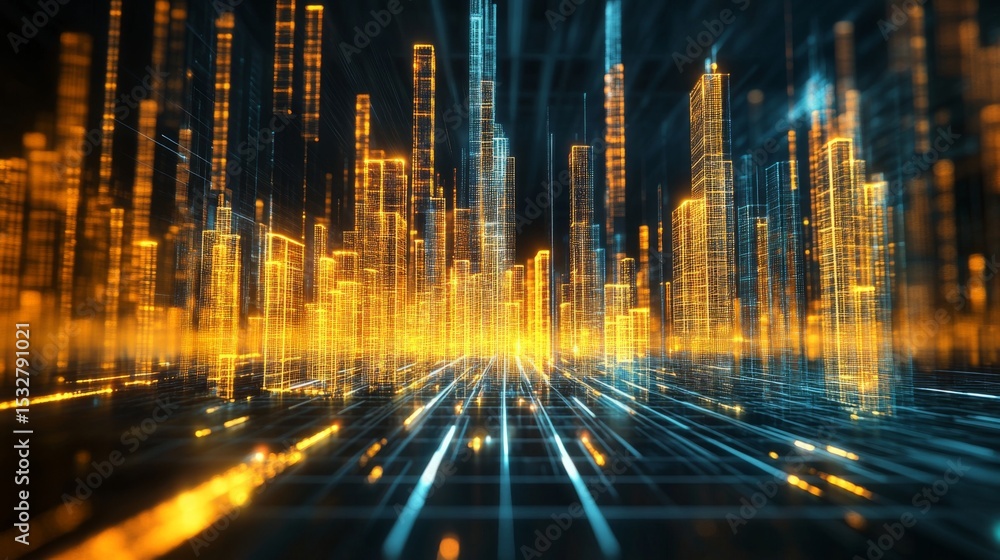 Aufkleber Abstract D bar graph emerging from a digital grid, with dynamic lighting effects, illustrating growth and change in data visually.