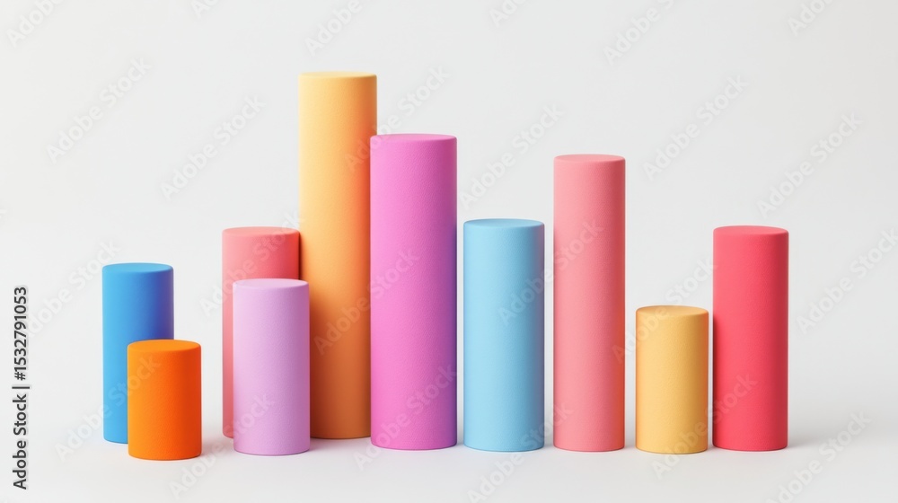 Aufkleber Abstract D bar graph with geometric shapes and bright colors, casting soft shadows on a white background, showcasing a dynamic representation of data.
