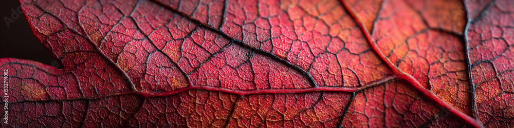 Poster a macro shot of a red leaf showing its intricate vein structure and cellular patterns in detail