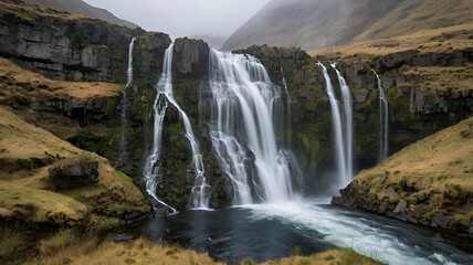 Obraz premium A vast, multi-tiered waterfall flowing over stone terraces in a remote highland region