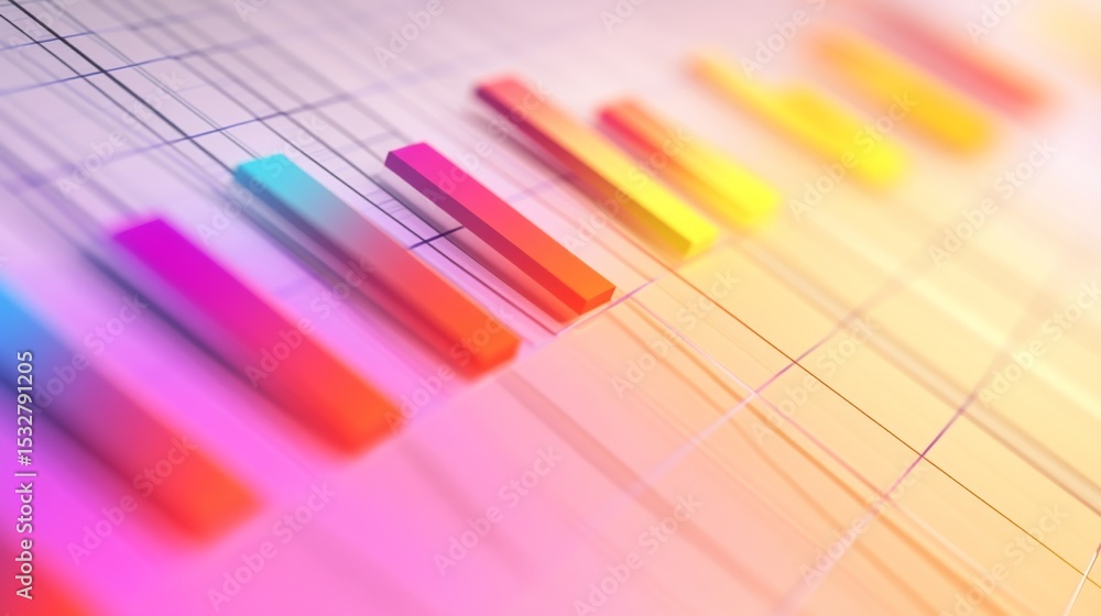 Poster Abstract D graph with bars and lines emerging from a grid, each section in bright, contrasting colors to illustrate data clearly