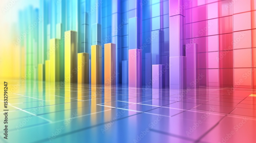 Poster Abstract D graph with bars and lines emerging from a grid, each section in bright, contrasting colors to illustrate data clearly