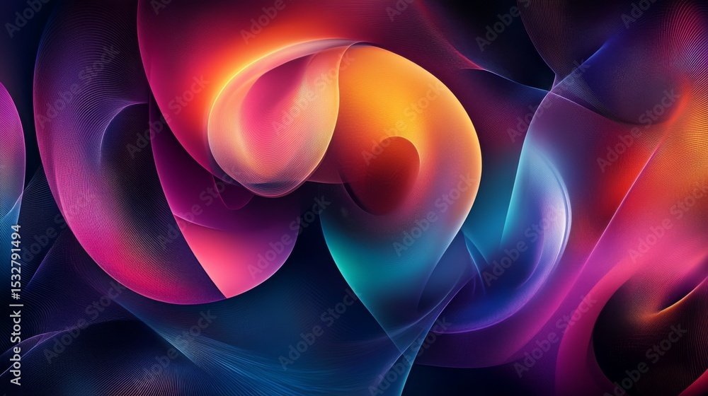 Poster Abstract graphic with circular forms and swirling lines in bold colors, conveying a sense of energy and movement on a dark gradient background