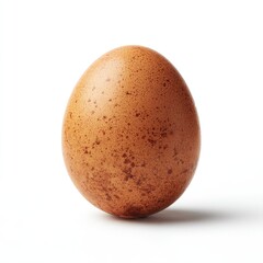 A single, light-brown speckled egg stands upright against a pure white background, casting a subtle shadow
