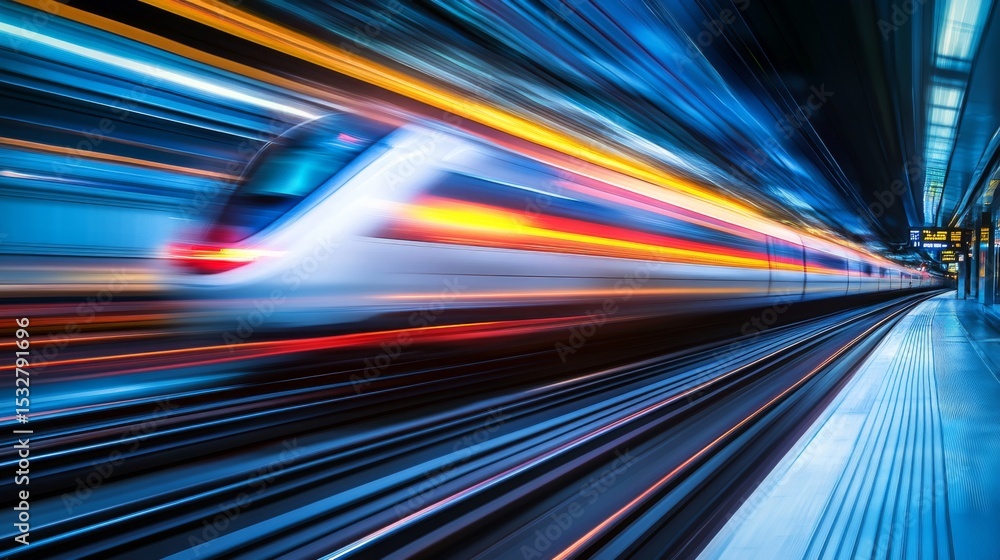 Poster abstract motion blur of an electric train speeding through a station, capturing energy and speed, wi