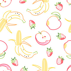 Seamless pattern with bananas, strawberries and apples in hand-drawn style on white background. Fruit illustration. Summer food and healthy eating concept for design and print