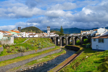 Landscape with river and arch bridge in Ribeira Grande, Sao Miguel, Azores, Portugal.