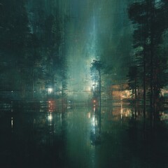 Obraz premium Ethereal night scene of a swampy forest with glowing lights reflecting on still water, creating a mystical atmosphere