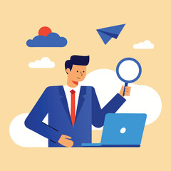 Businessman Researching with Magnifying Glass and Laptop