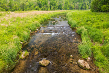 A River In A Meadow With Trees In The Background