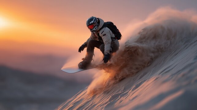 Skier performs breathtaking maneuvers on a sandy slope during sunset in a desert landscape