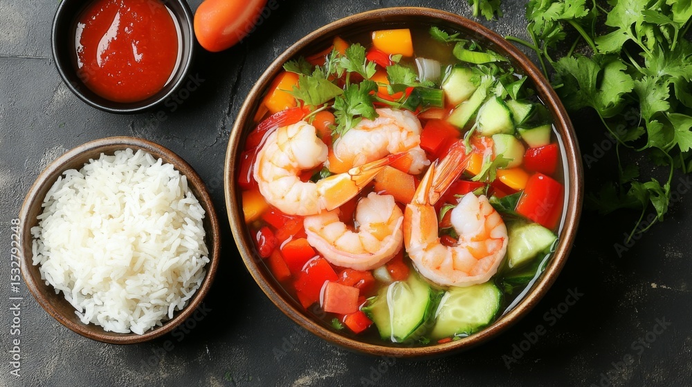 Poster an artistic arrangement of a bowl of tom yum soup with fresh shrimp and colorful vegetables, complem