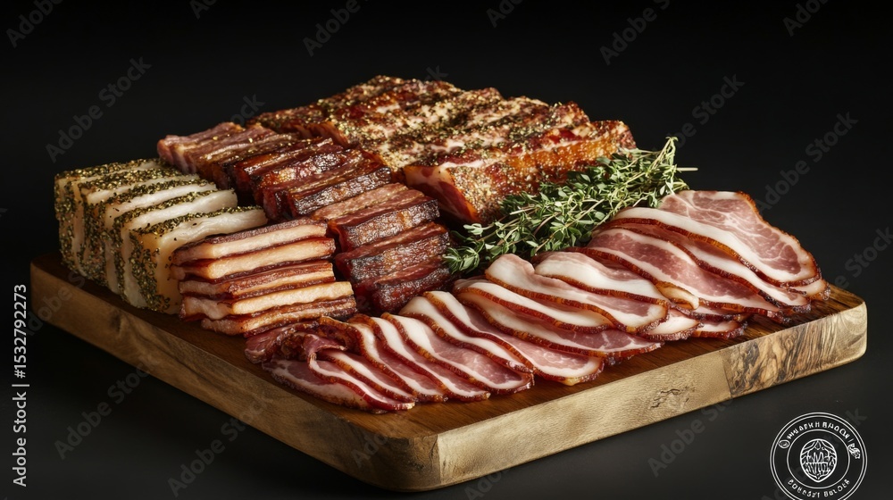 Aufkleber an artistic arrangement of different types of bacon, including thick-cut and regular, displayed on a