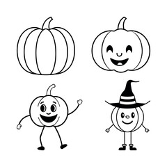 Flat Style Halloween Pumpkin Line Art – Classic, Dancing, Wearing, and Winking Variations – Set 1