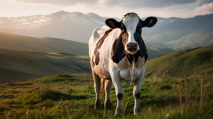 Holstein Cow Standing on Mountain Pasture at Sunset – Scenic Farm Landscape with Dairy Cattle in Natural Countryside