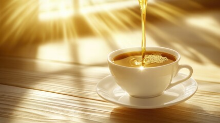 Golden liquid pours into a white teacup on a wood surface, backlit by radiant sunlight