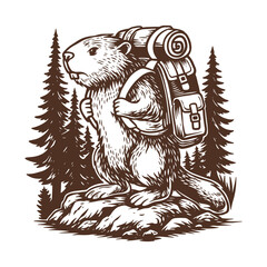 Hiking Beaver Illustration, Woodland Animal Backpacker Clipart, Vintage Mountain Explorer Animal Drawing, Forest Adventure Cartoon Vector © fitradp
