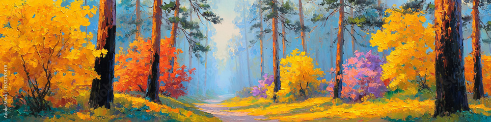 Poster a vibrant painting of a forest path with colorful trees and a bright light at the end of the trail