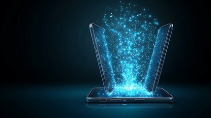 Futuristic Foldable Smartphone with Holographic Particles in Dark Tech Environment