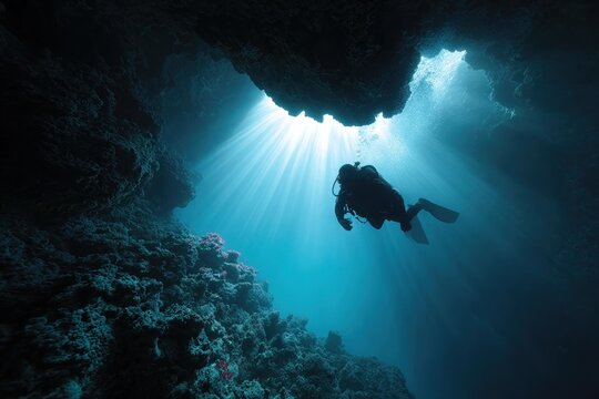 Scuba diver exploring underwater cave illuminated by sunlight beams in tranquil ocean waters