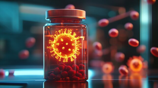 Transparent Bottle with Glowing Contents and Antibiotics Visuals