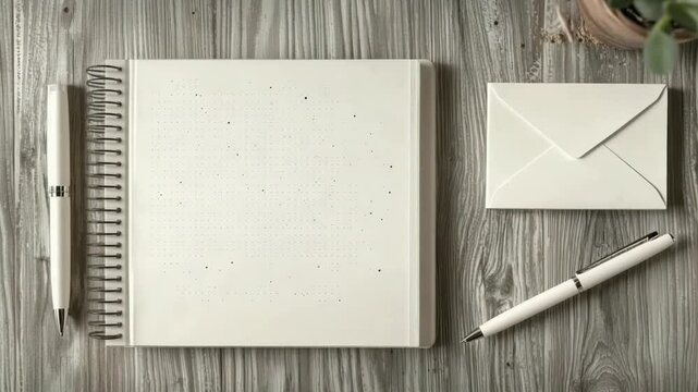 A spiral-bound notebook, a pen, and an envelope rest on a light gray wooden surface.  The notebook is blank, showcasing a dotted grid pattern. The pen and envelope are both white