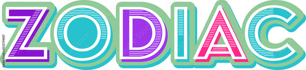 Poster zodiac lettering is showing bold colorful patterns on transparent canvas with flat design 3d effect