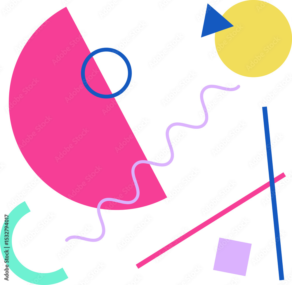 Poster flat design abstract shapes are floating on transparent backdrop with pink semicircle and blue ring