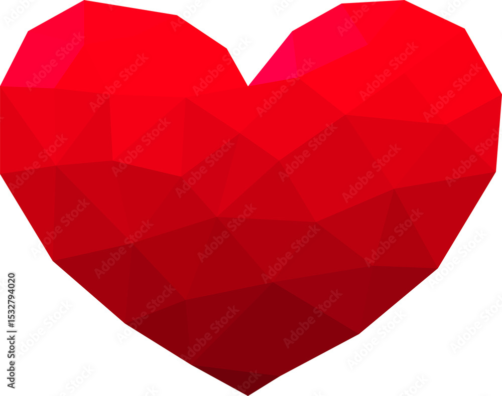 Aufkleber low-poly red heart is floating on transparent background, showing faceted three-dimensional style