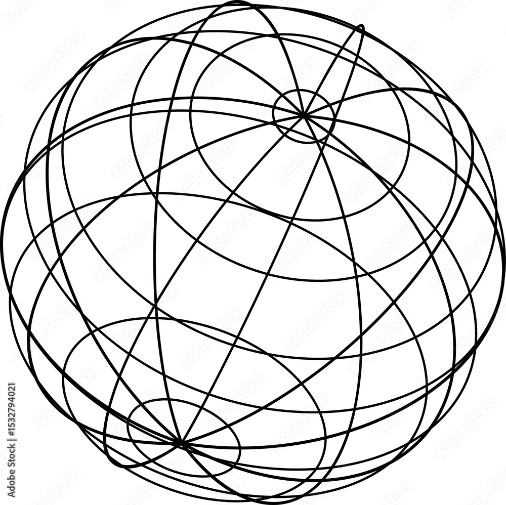 Poster wireframe sphere is showcasing intersecting loops and radial spokes in 3d on transparent background