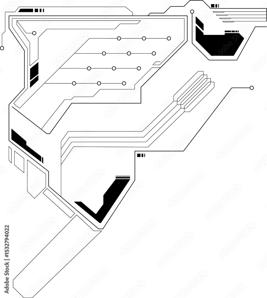 Poster high-tech circuit board element is appearing in transparent overlay, with angular lines and nodes