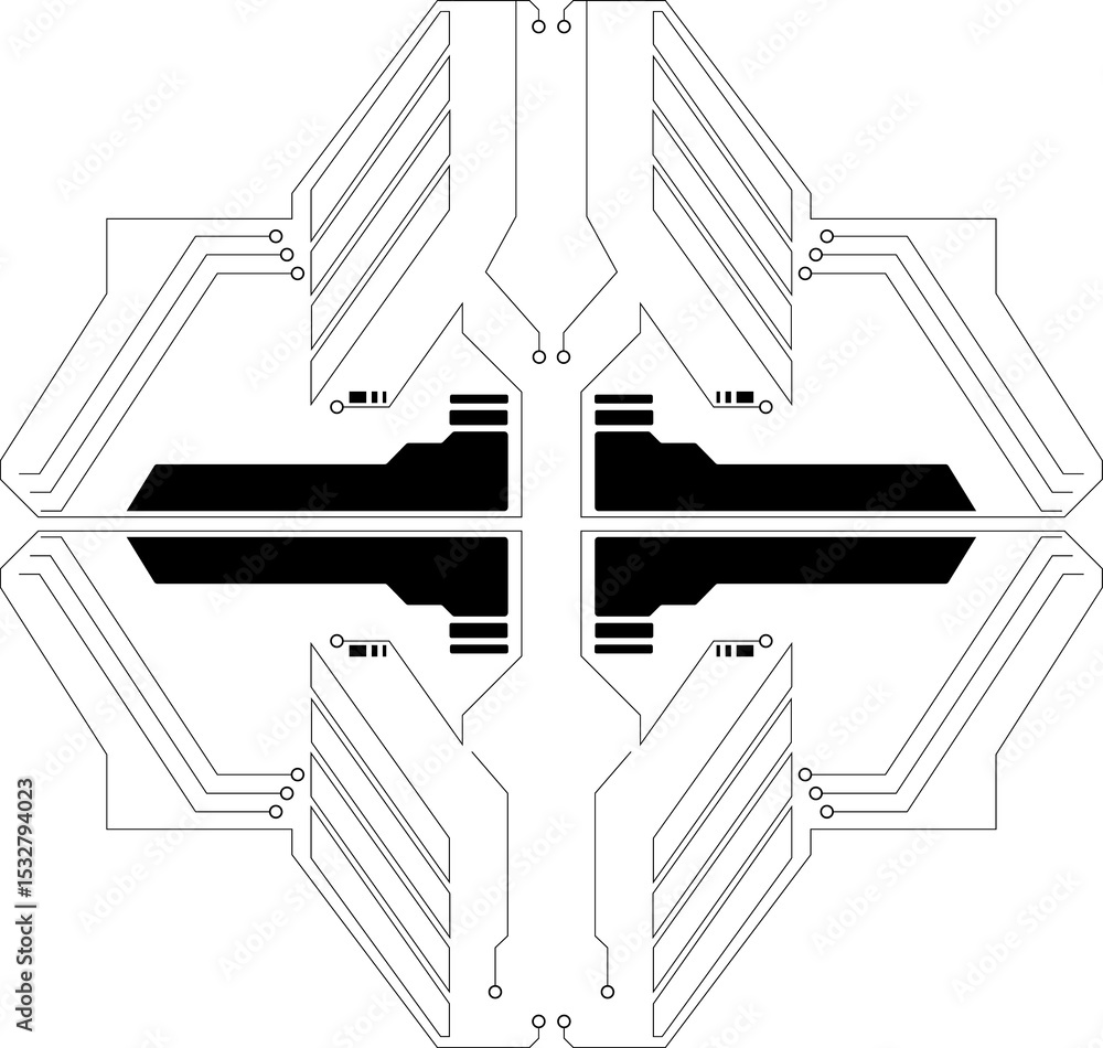 Poster vector circuit cross is showing black traces circular nodes rectangular blocks on clear background