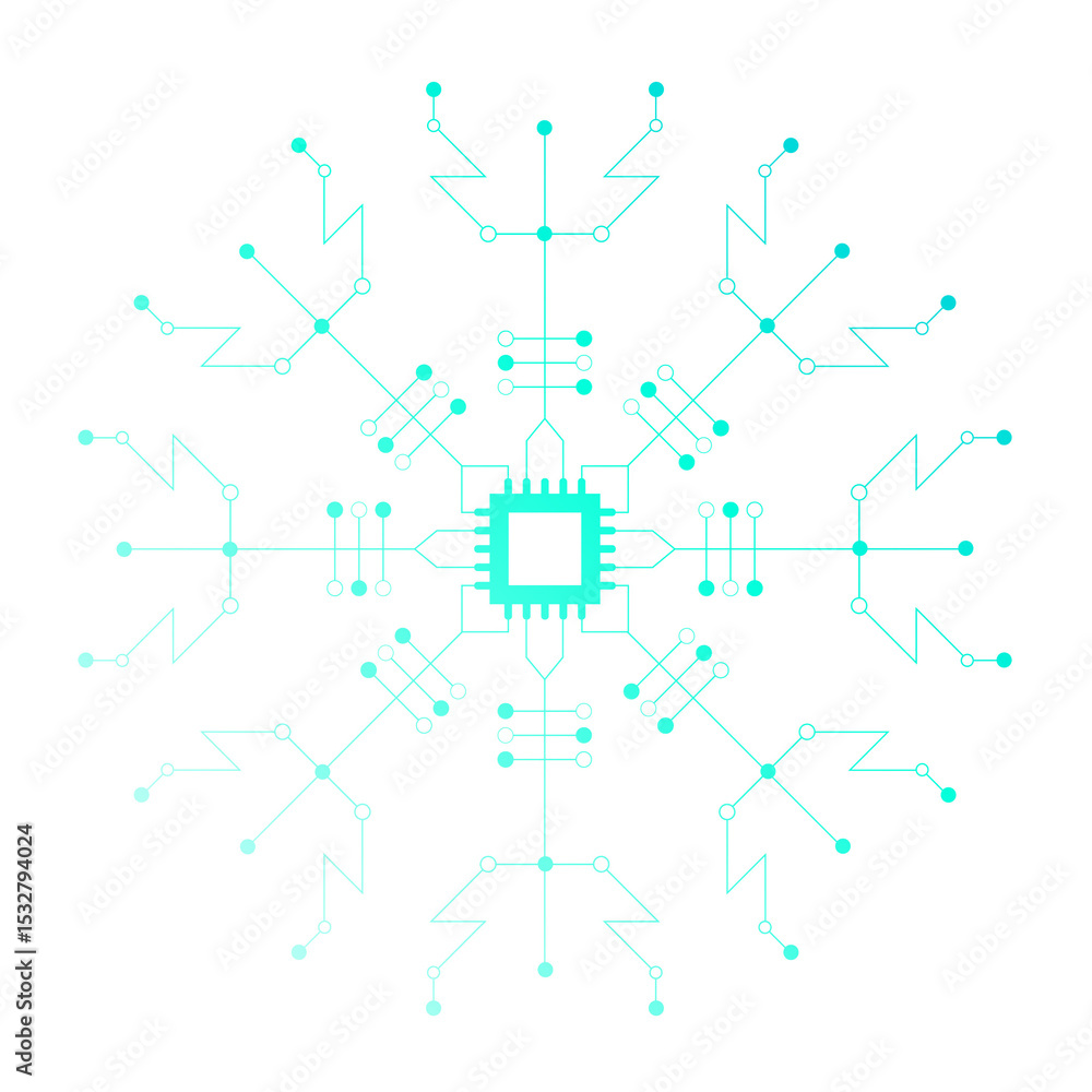 Poster flat circuit snowflake design is featuring chip and turquoise traces on transparent backdrop
