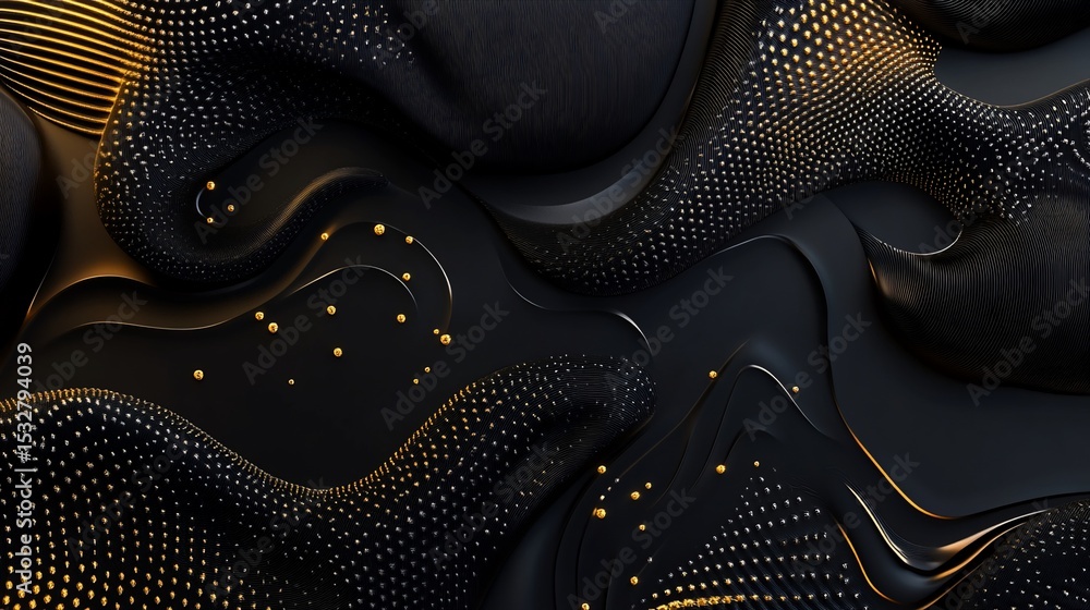 Poster abstract black and gold composition with flowing lines and textured details creating a sophisticated
