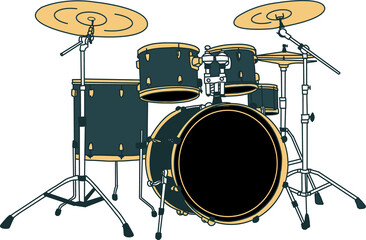 Flat design drum kit is being shown on transparent background with bass drum, toms cymbals hardware